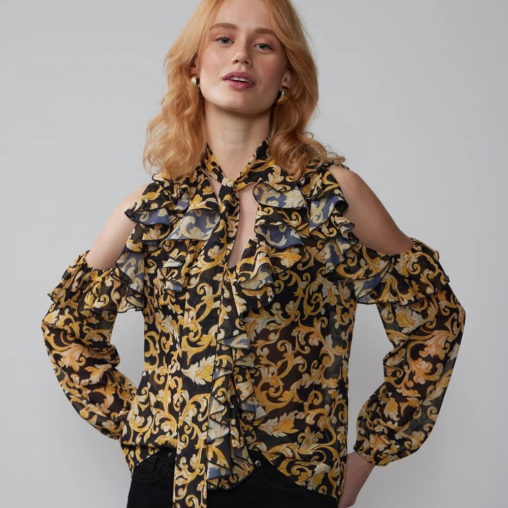 New York & Company Black Gold Filigree Cold Shoulder Ruffle Tie Neck Top M NWT